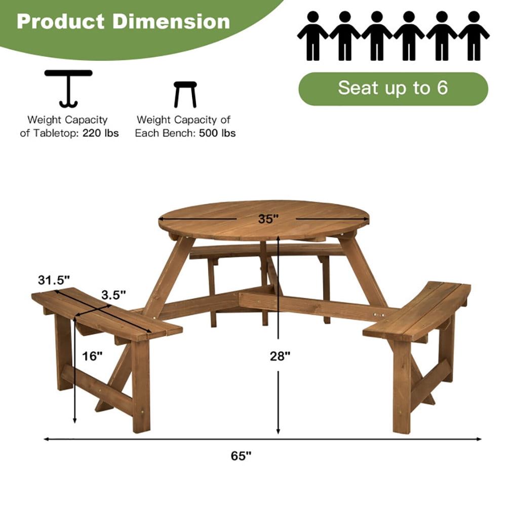 Aimee Lii 6-person Round Wooden Picnic Table with Umbrella Hole and 3 Built-in Benches, Patio Furniture Set, Dark Brown Aimee Lii 6-person Round Wooden Picnic Table with Umbrella Hole and 3 Built-in Benches, Patio Furniture Set, Dark Brown