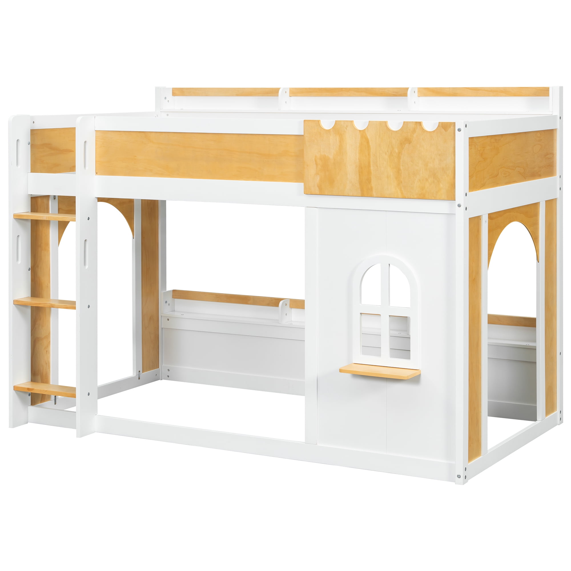 Euroco Wood Twin over Twin Bunk Bed with Storage Shelves, House Shaped Design Loft Bed, White & Natural