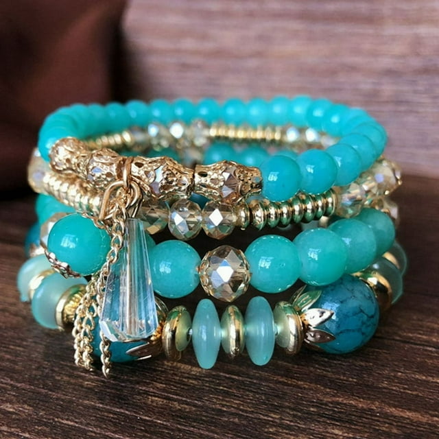 DEBGFS 4pcs Bohemian Stackable Bead Bracelets for Women Multicolor Stretch Beaded Bracelets Layered Bead Adjustable Bracelet,green