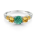 thumbnail image 2 of Gem Stone King 925 Silver and 10K Yellow Gold Green Malachite and Yellow Citrine and Diamond 3-Stone Ring for Women (2.13 Cttw, Gemstone Birthstone, Cushion 6MM and 4MM, Size 5), 2 of 3