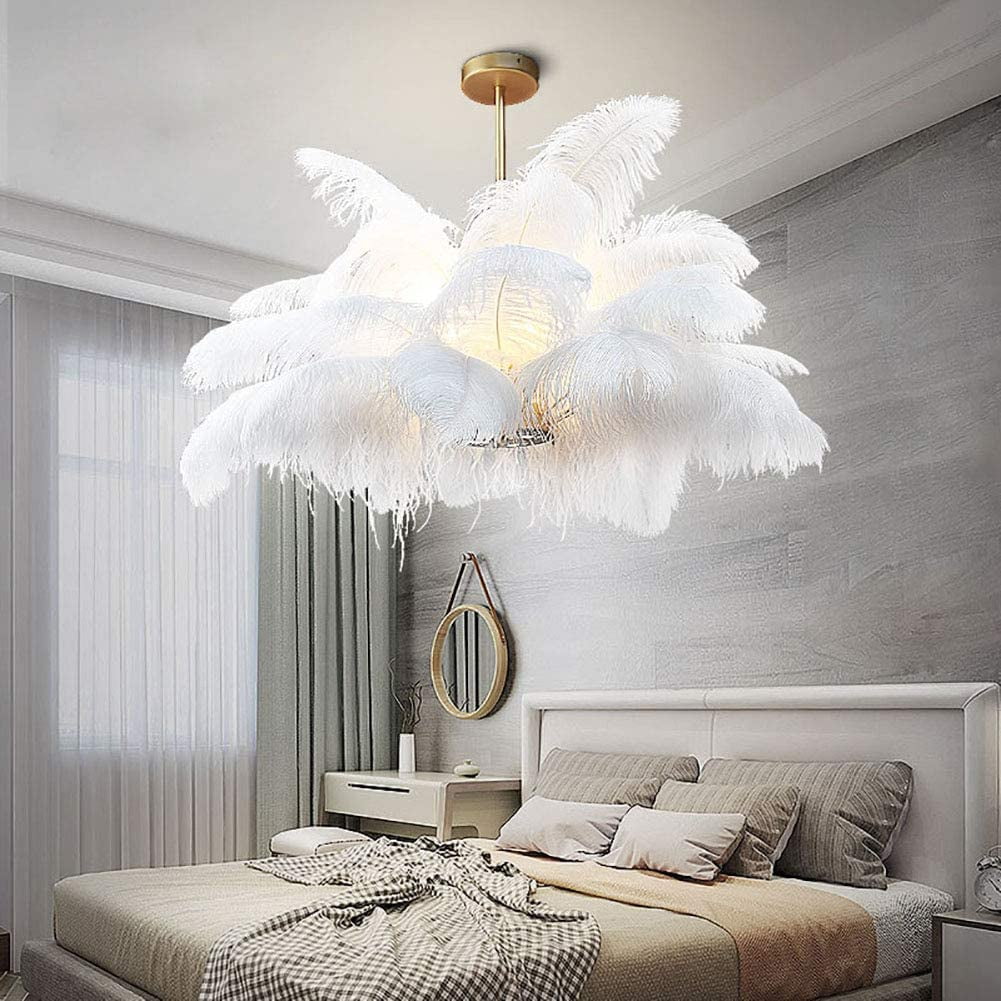 Arturesthome Nordic Modern Chandelier 3 Lights Ostrich Feather Hanging Ceiling Light Fixture Aluminum Pendant Lighting Fixture for Bar Dining Room Living Room Bedroom White