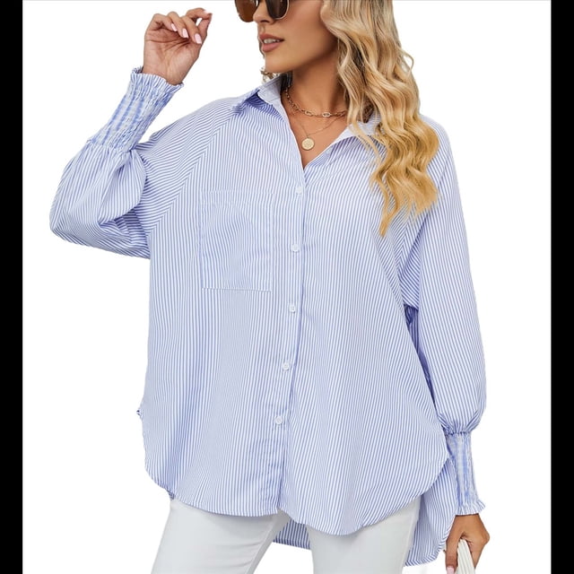 Camisas de Rayas con Botones para Mujer, Blusas Tipo Túnica de Larga, Azul, XXL