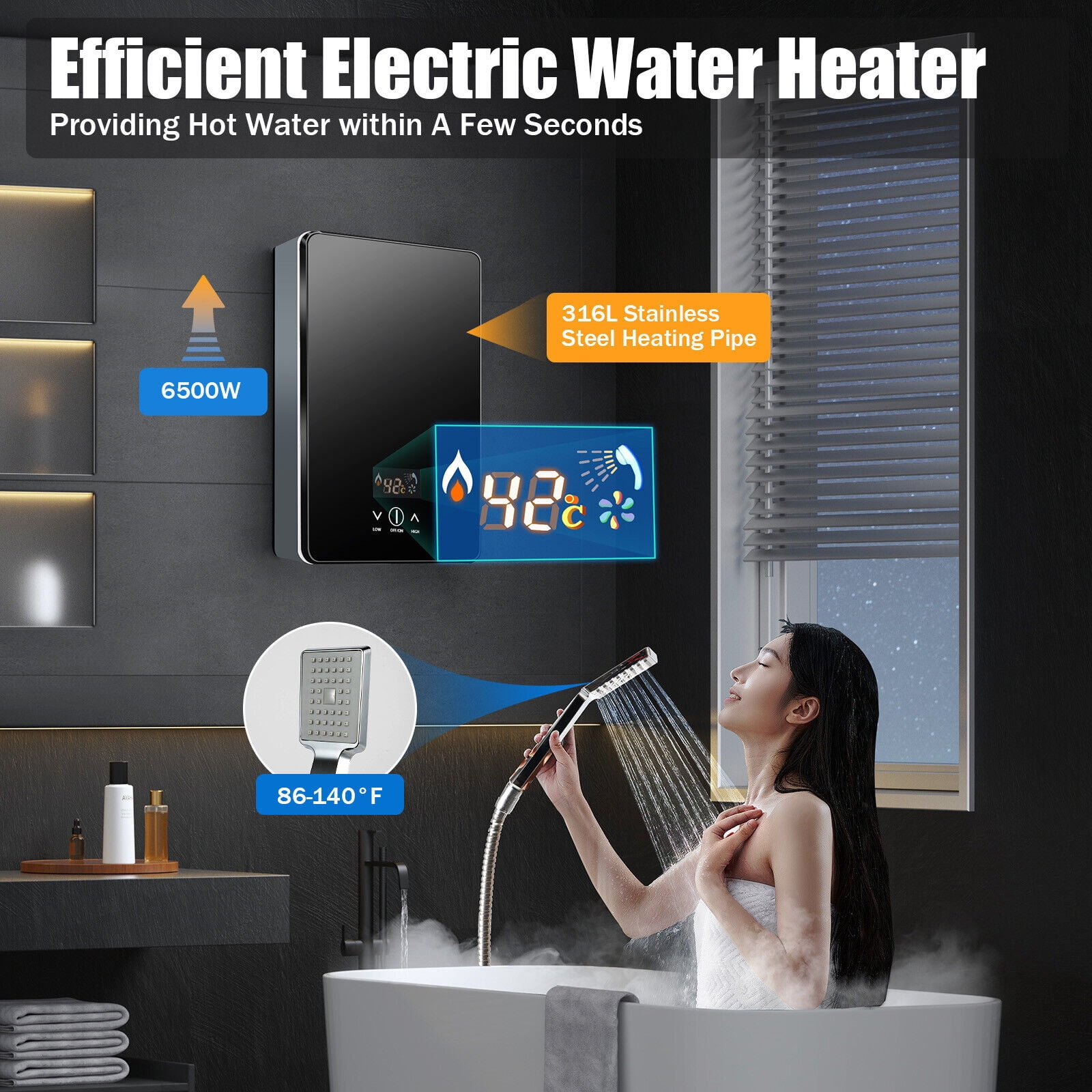 Instant Electric Tankless 6500W Home Hot Water Heater Whole House Black 220V 8L