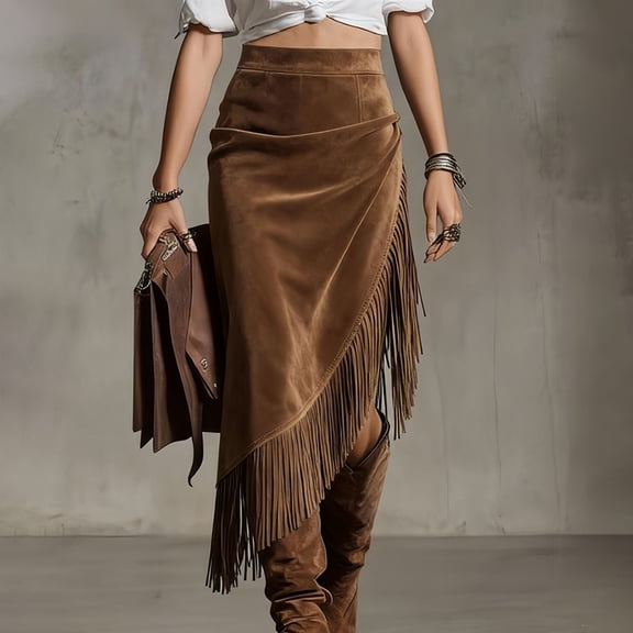MORTTIC Women‘s Solid Color High Waist Irregular Suede Skirt with Fringe Tassel & Pleated Details – Western Style Dark Brown，S
