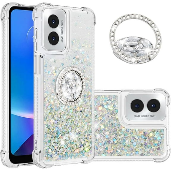 Slim Fit Case for Moto G Play 4G 2024,Soft TPU Glitter Liquid Quicksand Effect Silicone Ring Kickstand Case,Screen and Camera Protection Cover for Moto G Play 4G 2024,WTZH Silvery