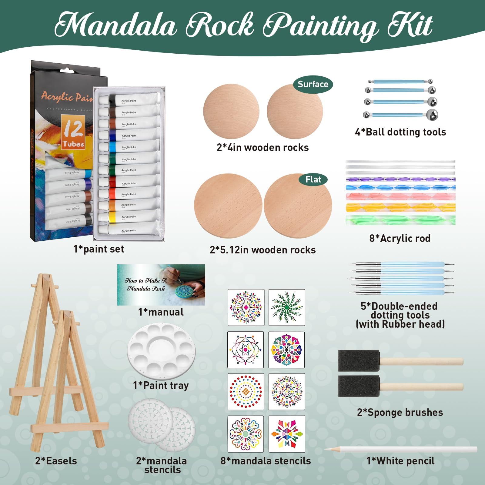 GFCAS-Mandala Rock Painting Kit with Wooden Rocks Stencils and Paint Tools for Creative Adults