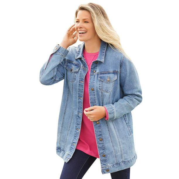 Woman Within Women's Plus Size Long Stretch Denim Jacket - 26 W, Stonewash Sanded Blue - Walmart.com