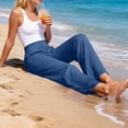 thumbnail image 4 of WULMLEO Womens Cotton Linen Pants Petite 2026 Summer Lightweight High Waist Straight Leg Solid Beach Lounge Trousers Blue L, 4 of 9