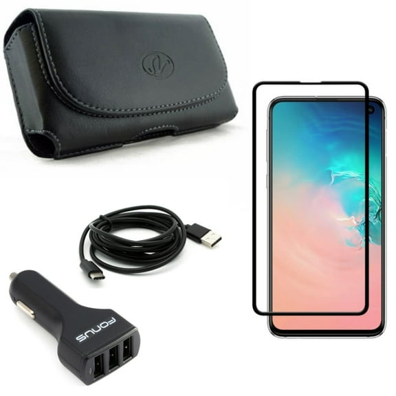 Galaxy S10e Screen Protector w Car Charger w Case Belt Clip - Tempered Glass 5D Curved Edge, 36W 3-Port USB 4.8A, Leather Holster Cover for Samsung Galaxy S10e Phone