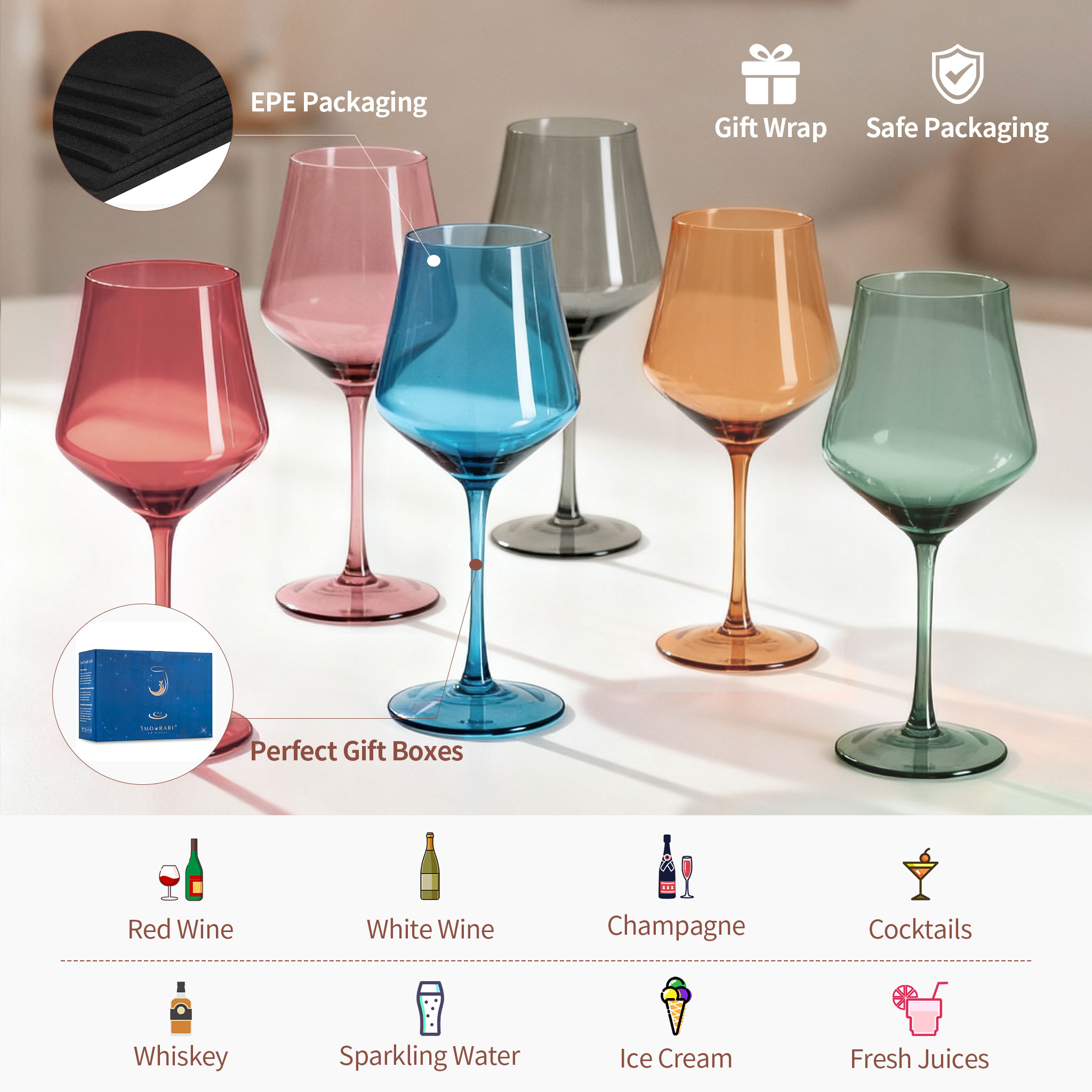 Nuptio Stemmed Colored Wine Glasses Set of 6 13.5oz : Brown Wine Glasses with Long Stem for Christmas Dinner Birthday Party Wedding Home Bar Wine Lover Gifts