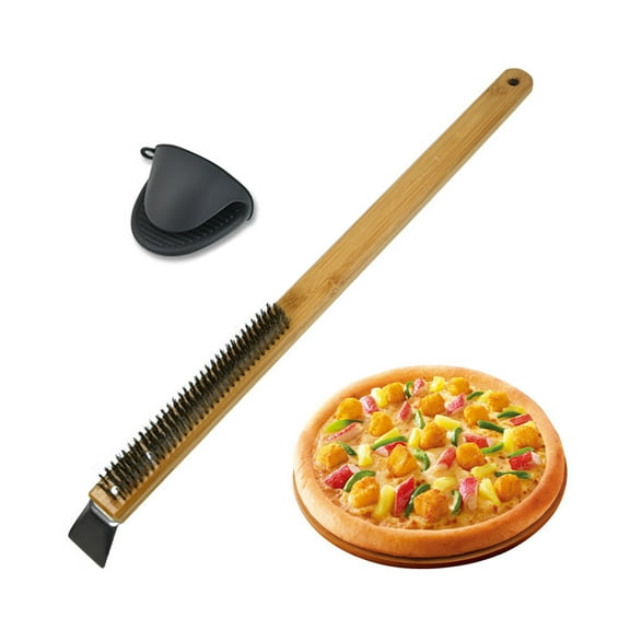 Pizza Oven Brush, Stainless Wire Pizza Stone Cleaning Brush with Scraper, Barbecue Grill Cleaning Tool with Handle