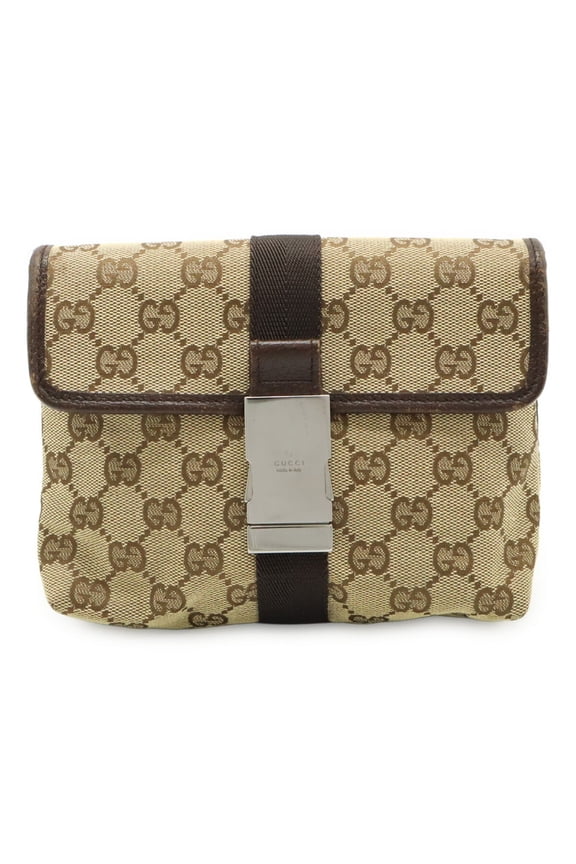 Pre-Owned GUCCI GG Canvas Waist Bag, Pouch, Beige Leather, Dark Brown, 131236