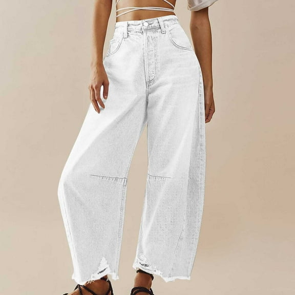 Women's Baggy Wide Leg Jeans for Women Barrel Mid Rise Waist Cropped Denim Pants Pockets Vintage Boyfriend, Limited Time