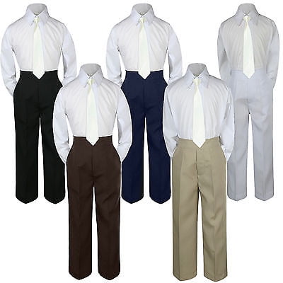 

3pc Ivory off white Tie Suit Shirt Pants Set Baby Boy Toddler Kid Uniform S-7