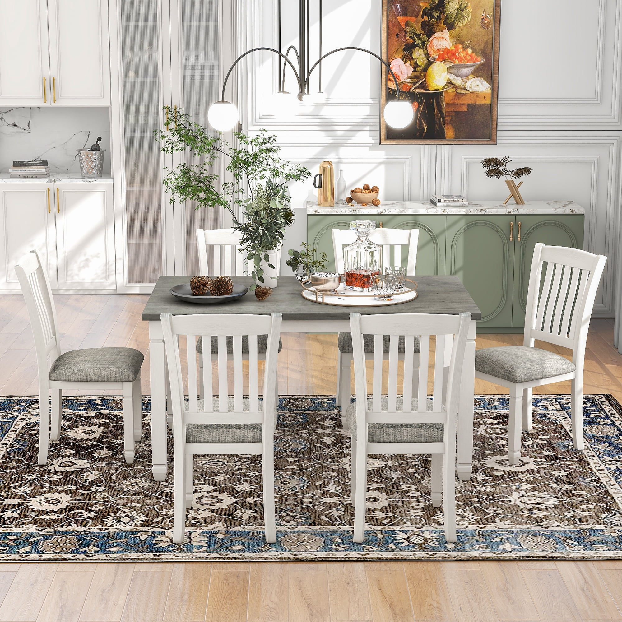 Harper & Bright Designs 7-Piece Dining Table Set Wood Dining Table and 6 Upholstered Chairs with Shaped Legs for Dining Room/Living Room Furniture (Gray+White)