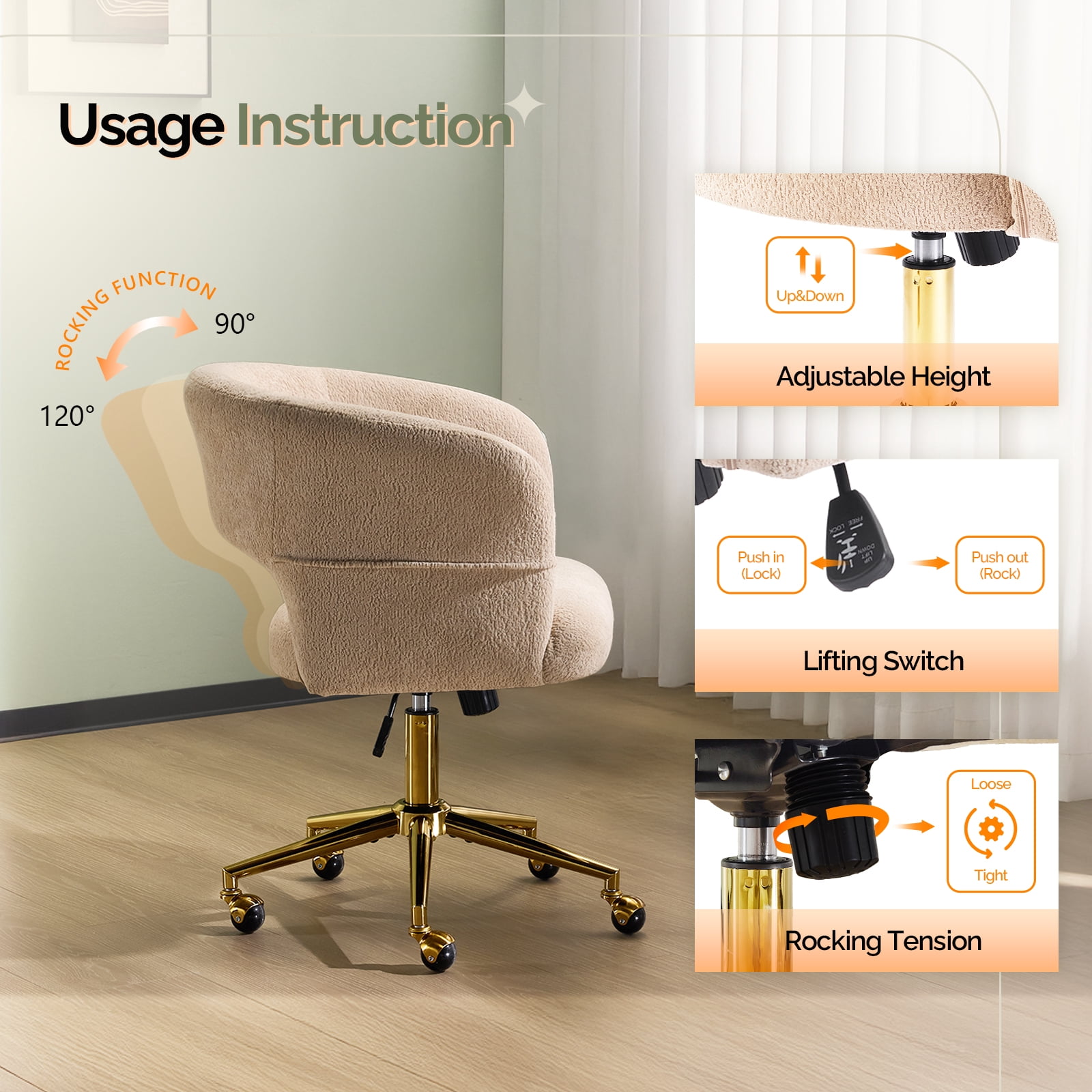 Ktaxon Flannel Accent Chair Multi-Use Makeup Desk Chair with 360 Swivel Adjustable Height for Bedroom Office Dorm Khaki
