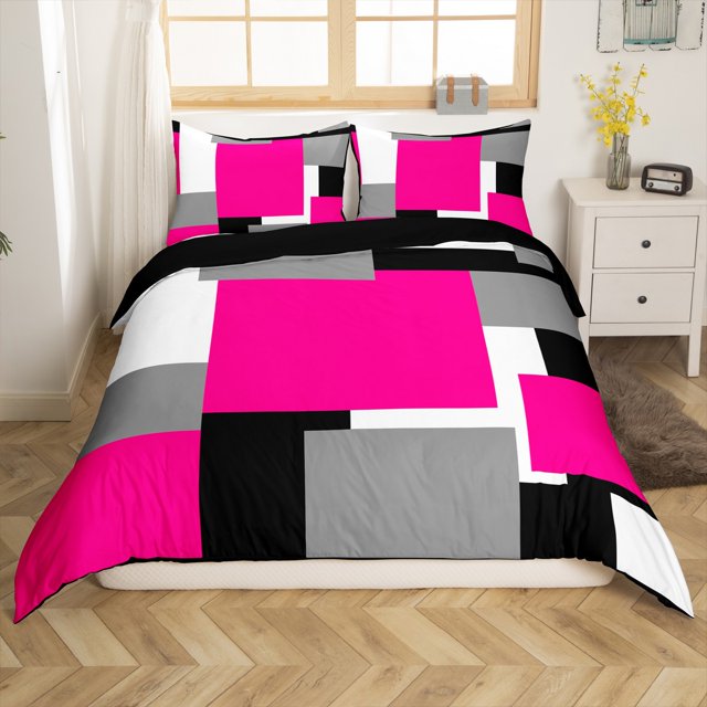 Erosebridal Housse de Couette Chic Abstraite Simple, Housse de Couette Rose Vif Simple, Déco Géométrie Rectangulaire, Réversible 2 Pcs