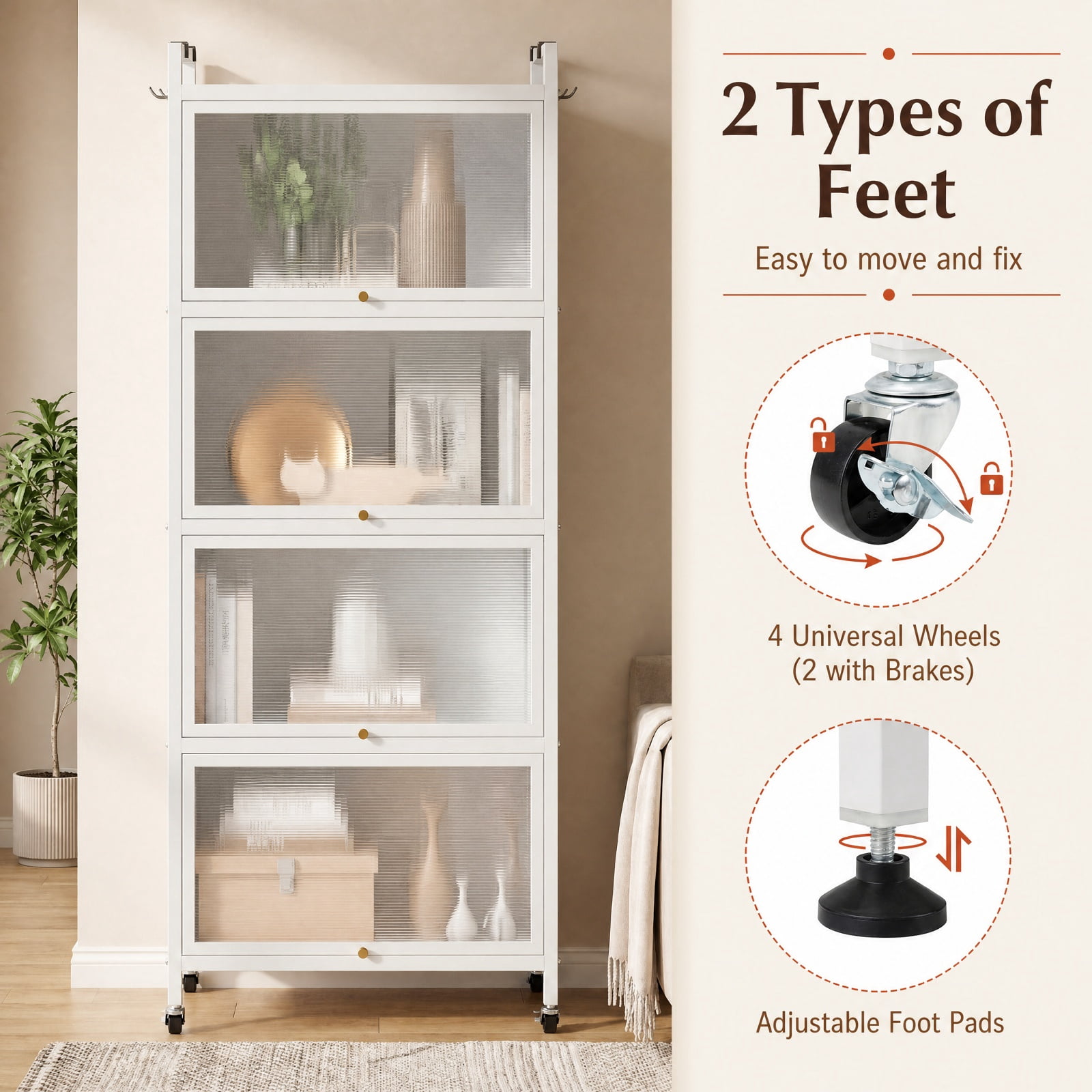 RUIE 5-Tier Kitchen Baker's Rack with Flip-up PC Doors, Rolling Storage Cabinet Pantry Organizer with Universal Wheels and Removable Hooks, White