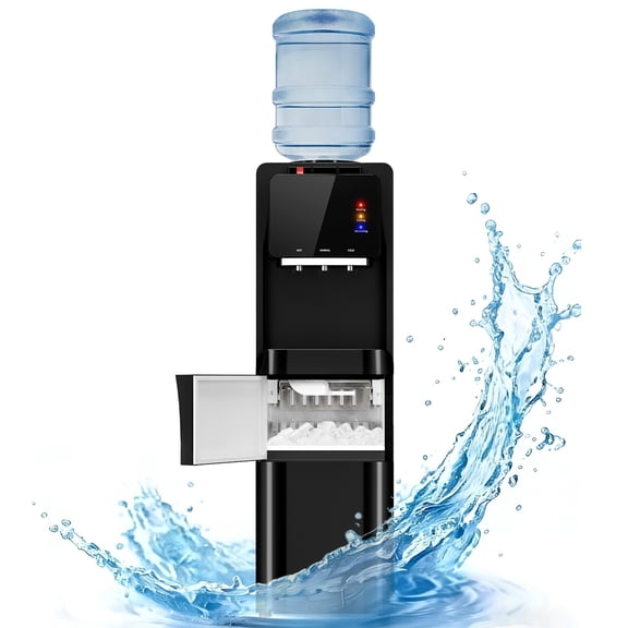 UrbanSync Top Loading Water Cooler Dispenser with Ice Maker, for 3 or 5 Gallon Bottle, Ice/Hot/Room/Cold, with Child Lock & Energy-efficient, Black