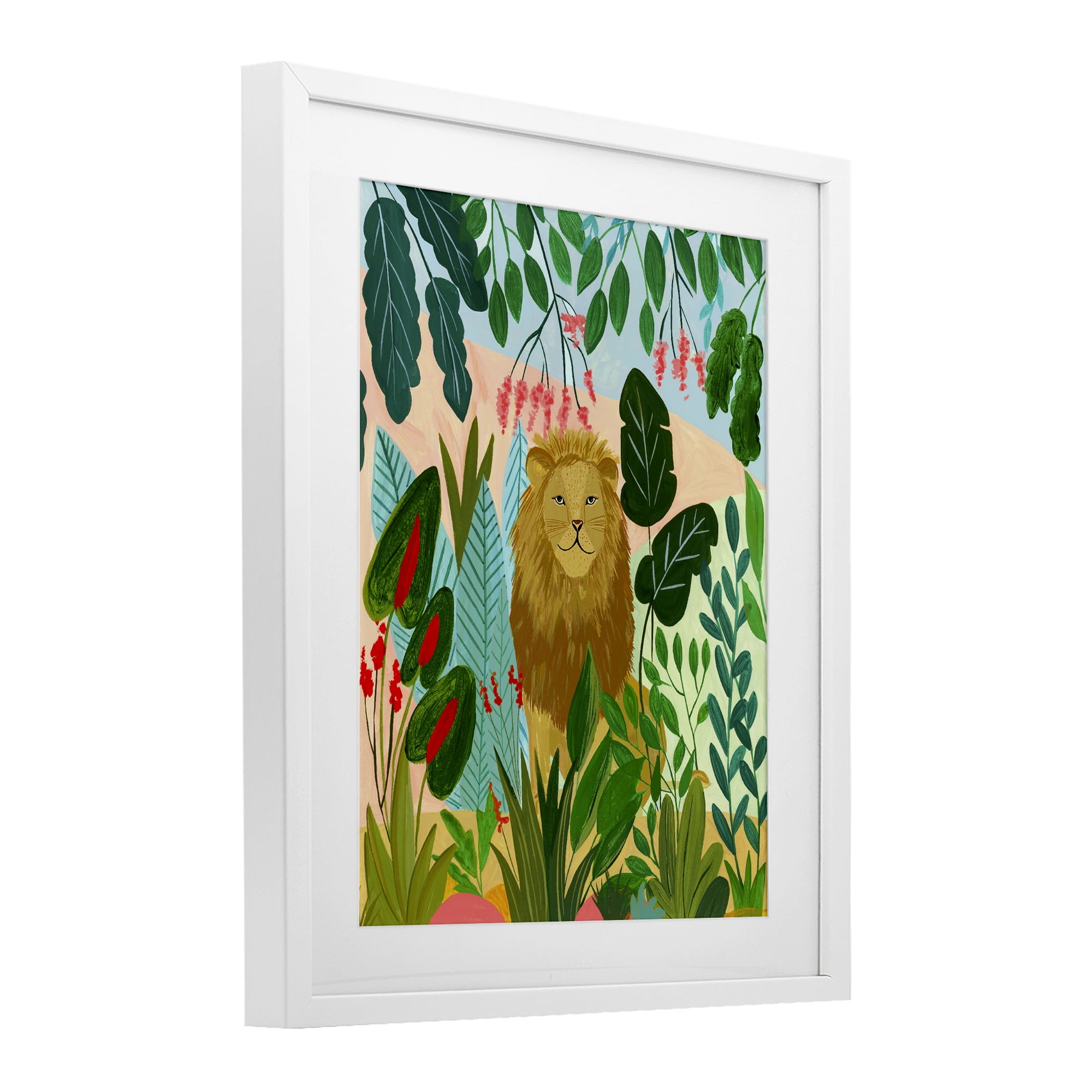 Stoic Lion Tropical Forest White Framed Print Under Glass, design by Nabeela Rumi