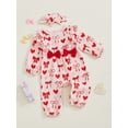 thumbnail image 4 of Newborn Baby Girl Valentines Day Outfit Bow Heart Ruffle Cotton Linen Jumpsuit  Long Sleeve Romper Playsuit with Headband, 4 of 8