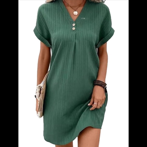Camisa de Verano para Mujer, de Algodón y , con Cuello en V, Informal, de Corta, Holgada, Color Verde M