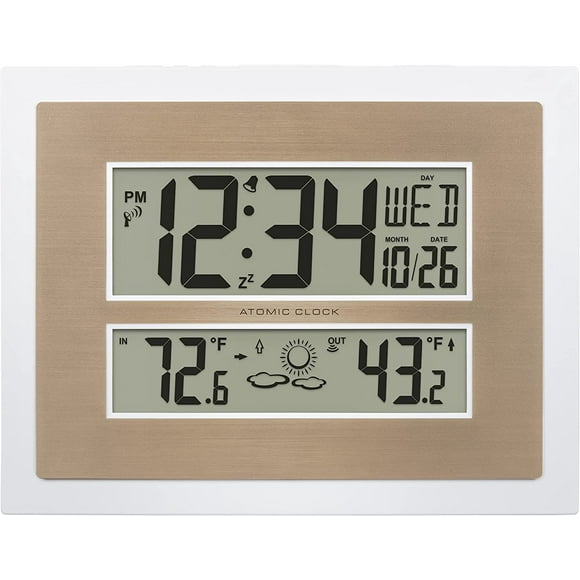 ERDS-512-14937-INT Atomic Digital Wall Clock with Temperature & Forecast in White/Champagne