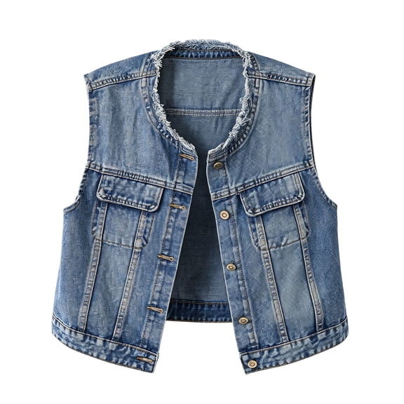 Ecqkame Jean Vests for Women Sleeveless Button Down Casual Cropped Denim Jackets Vintage Street Daily Versatile Outerwear with Pockets Blue XXL