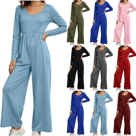 Bloomae One Piece Jumpsuits for Women Dressy Casual Long Sleeve Crewneck Basic Solid Color Elastic High Waist Wide Leg Romper Overalls Fall Outfits 2026
