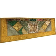 Mogul Indian Table Runner Green Sequin Embroidered Wall Hanging Tapestry
