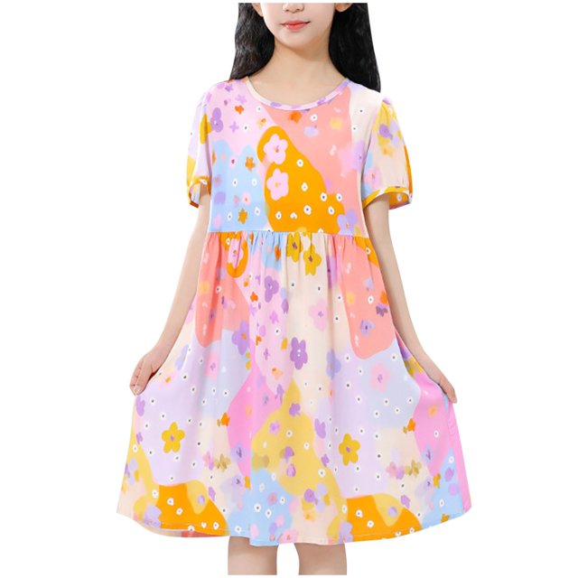 Économies d'Été Liquidation 2025 Bovxnpu Robes d'Été pour Filles, Robe Décontractée Florale pour Filles Vêtements d'Été pour Filles, Robe Princesse à Manches Courtes Respirante à Col Rond pour Filles 9 Ans