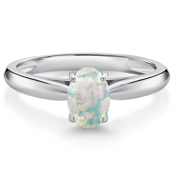 Gem Stone King 10K White Gold White Simulated Opal Solitaire Engagement Ring for Women (1.00 Cttw, Oval Cabochon 7X5MM, Gemstone October Birthstone, Size 8)