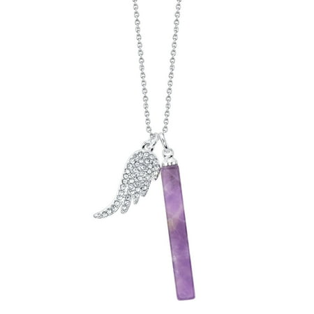 Amethyst Crystal Pendant Necklace - Believe By Brilliance Fine Silver Plated Amethyst Bar and Crystal Angel Wing Pendant Necklace, 18