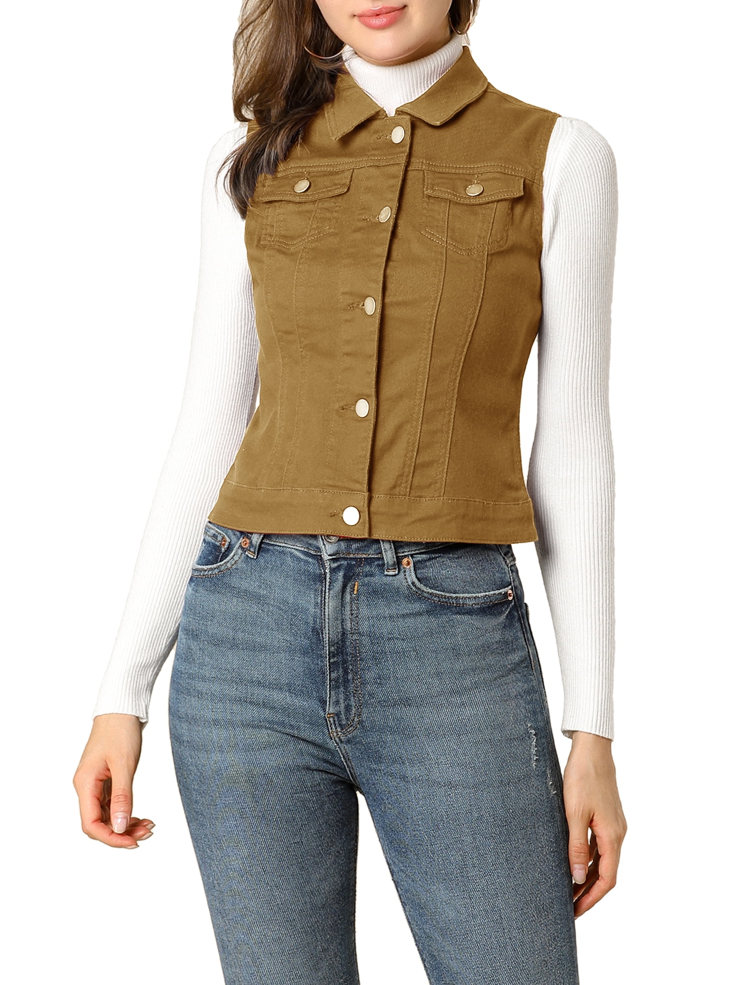 DARING DIVA Women's Denim Sleeveless Flap Pockets Vest Jacket S Khaki
