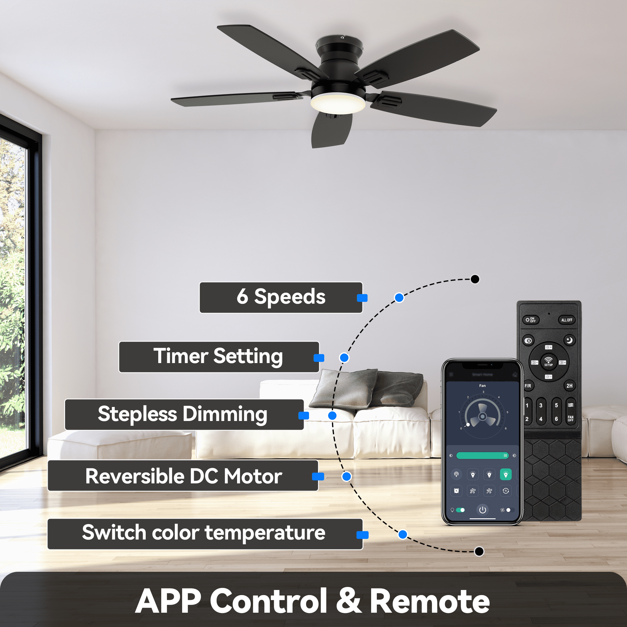 SUNMORY 42" Ceiling Fans with Lights and Remote & App Contorl, Low Profile Ceiling Fan with Light, Reversible, Queit 6 Speeds, Stepless Dimmable, Flush Mount Ceiling Fan for Bedroom Indoor or Outdoor