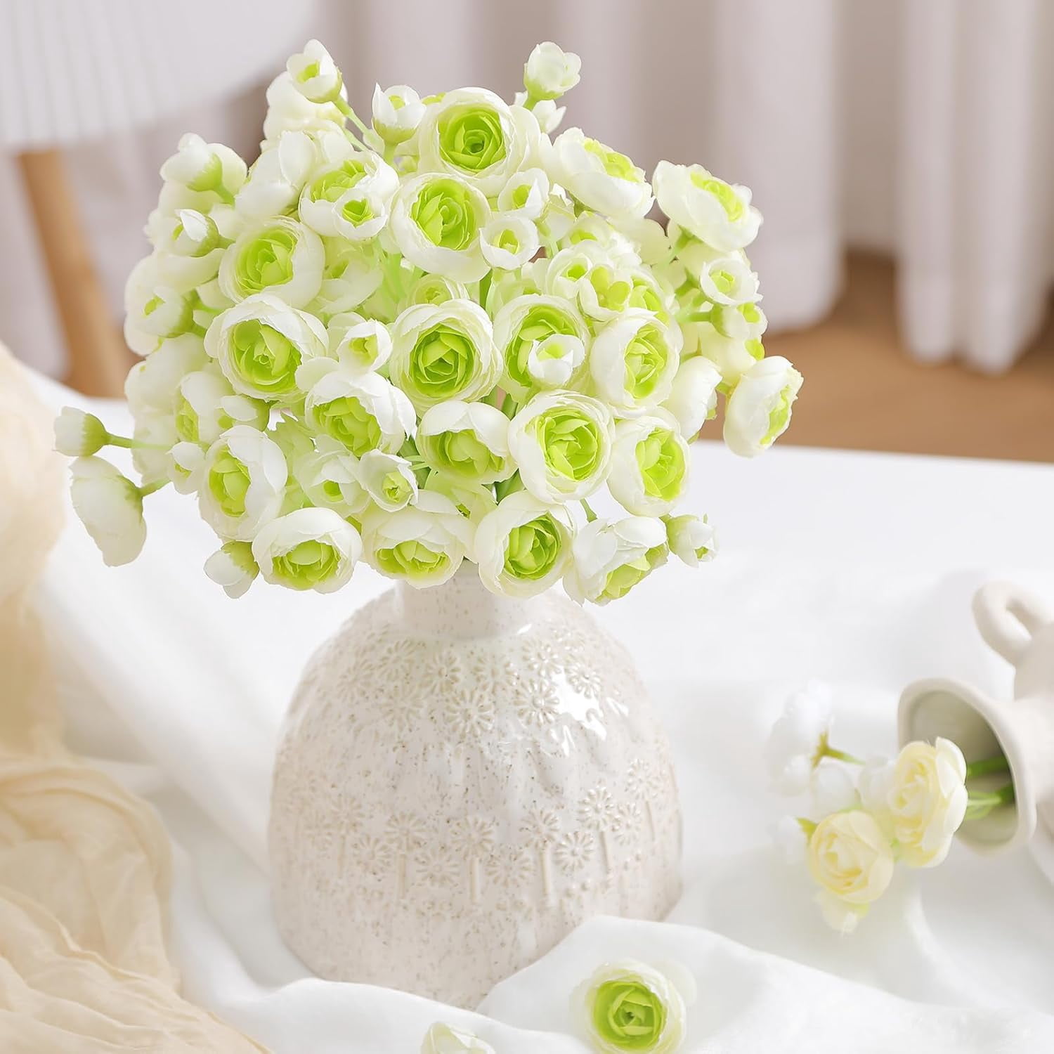 30Pcs Ranunculus Artificial Flowers Faux Silk Mini Ranunculus, Spring Flowers Artificial Indoor for DIY Bouquets, Bulk Fake Wedding Filler Flowers for Bride Decorations & Arrangements, Green