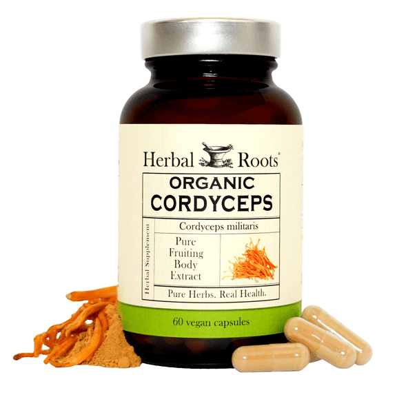 Herbal Roots Organic Cordyceps Mushrooms Capsules, Fruiting Body Extract, Immune & Energy Support, 60 Vegan Capsules