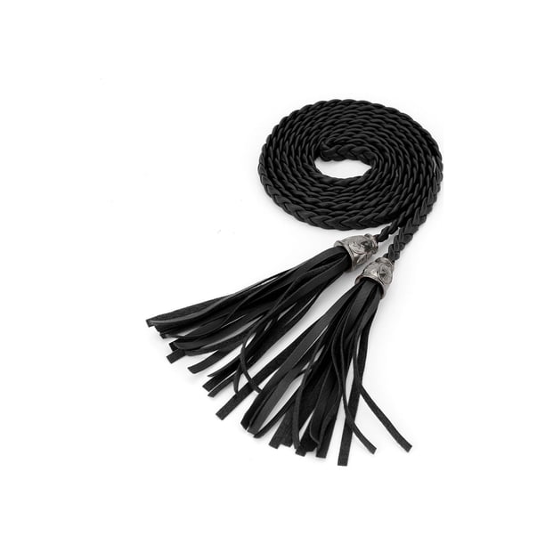Cinturones delgados trenzados con flecos para mujeres Inspire Chic, negros, 132 cm/52 pulgadas