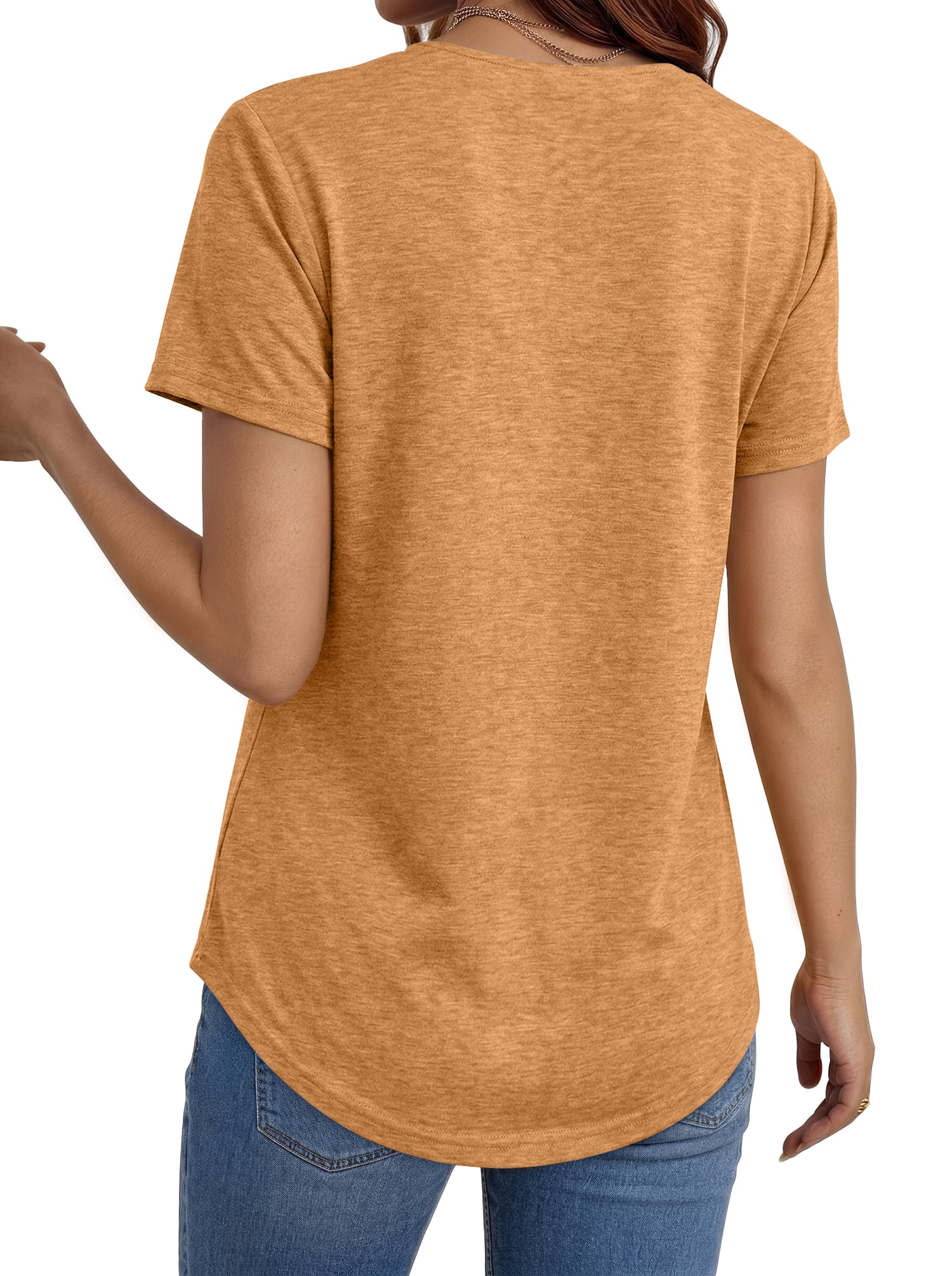 MOSHU Deep V Neck Womens Tops Curved Hem Shirts for Women Fashion Trendy Blouses Casual Loose Fit Tees Tops