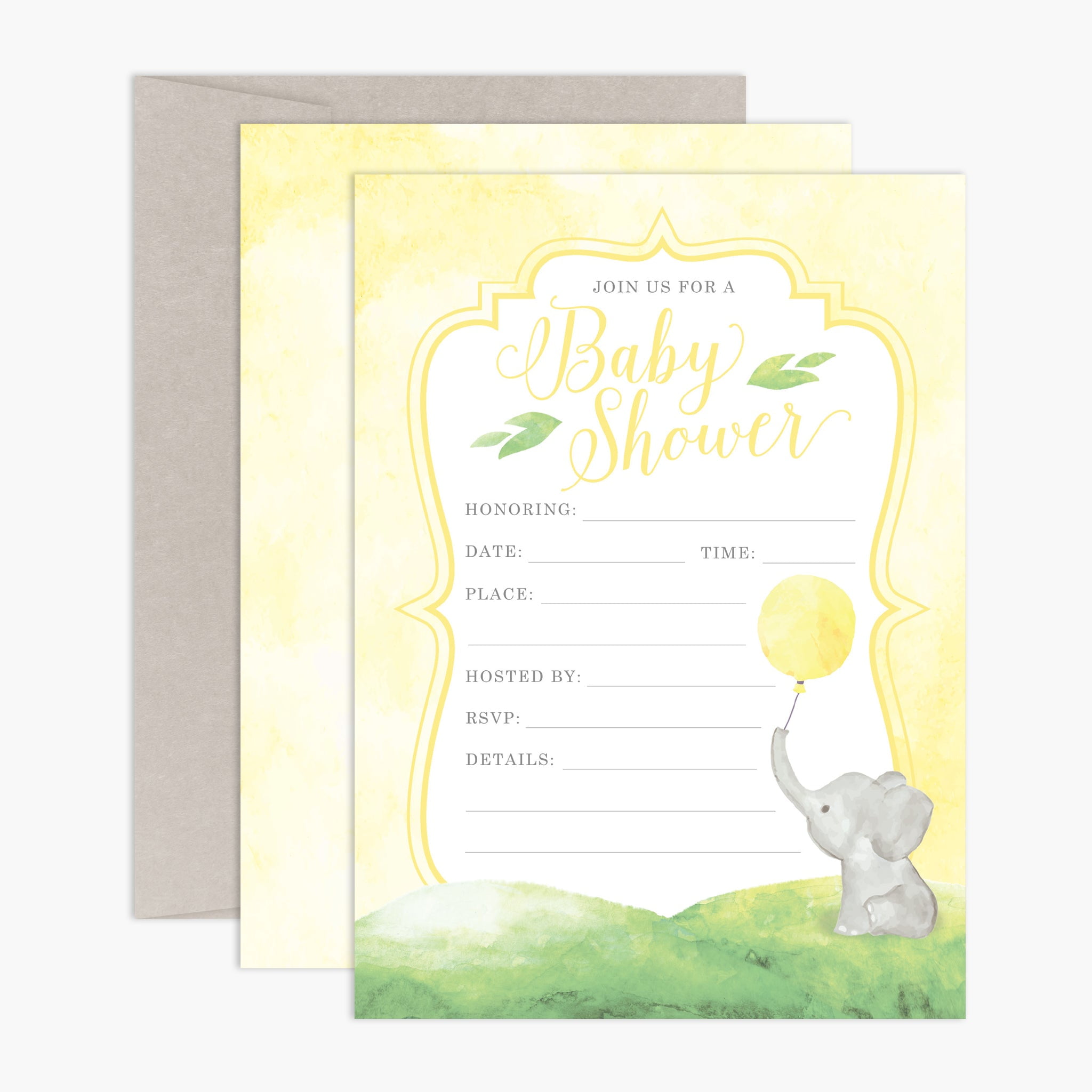 Set of Watercolor Elephant Baby Shower Invitations