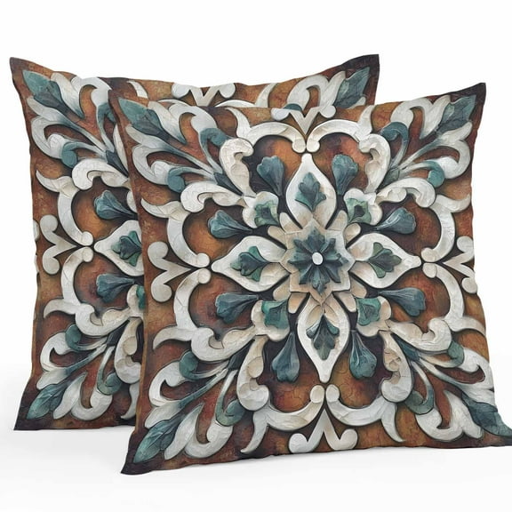 Brown Teal Boho Waterproof Outdoor Throw Pillow Covers 16''x16'' Pack 2, Pillow Cases Throw Cushion Cover with Zipper, Ethnic Rustic Abstract Flowers Washable Pillowcase for Poolside Sofa