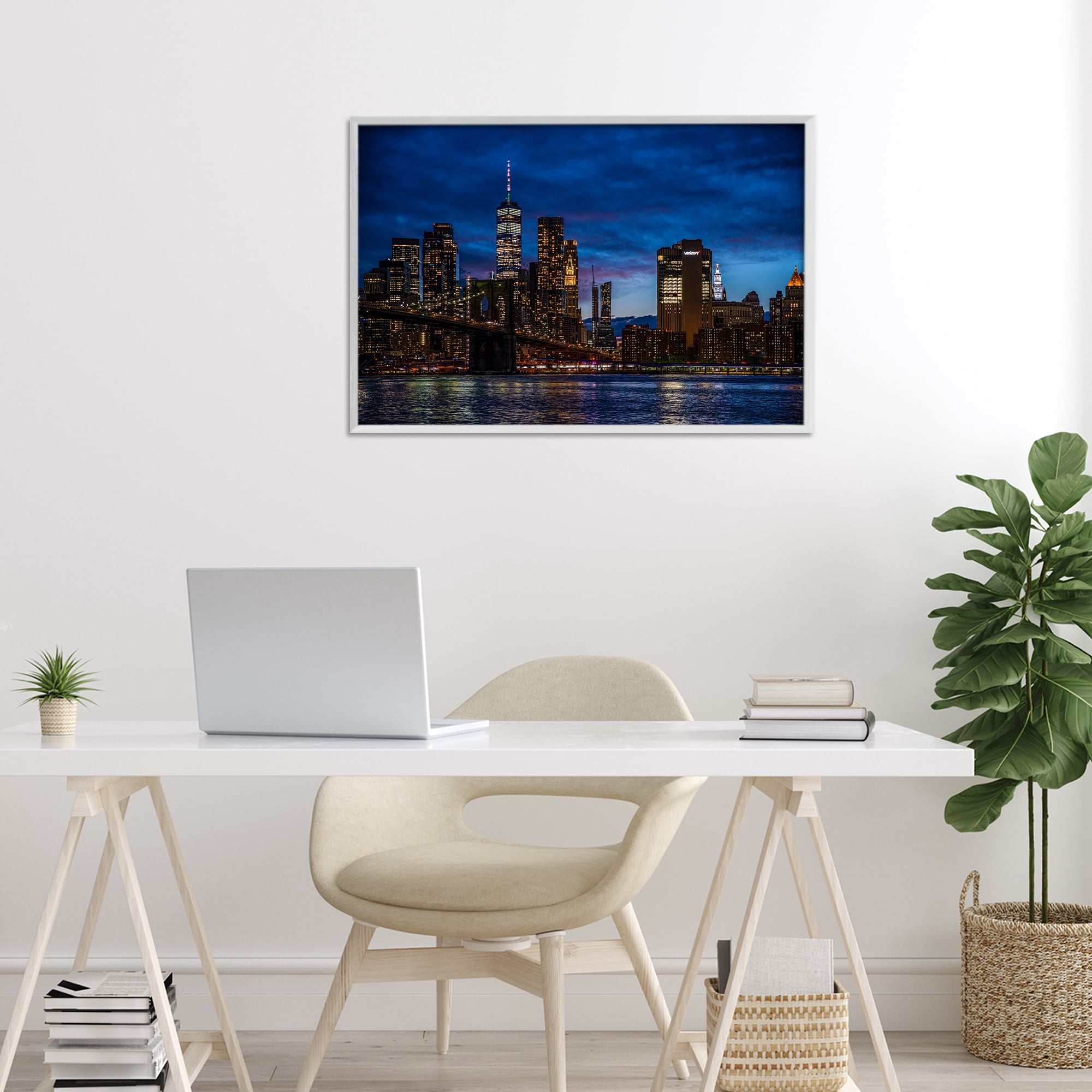 Stupell Industries Brooklyn Bridge at Night White Framed Giclee Art, design by Tim West