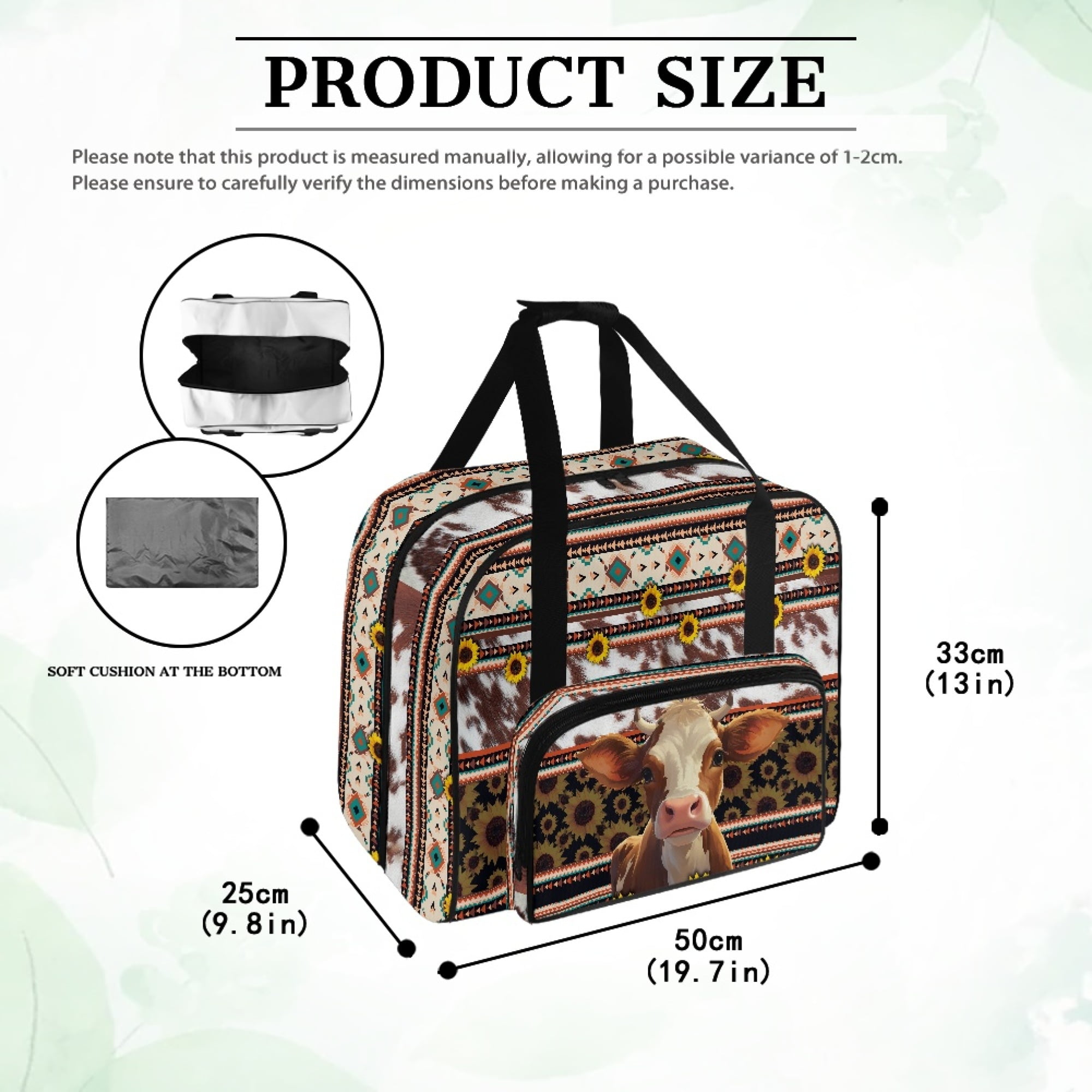 ZIATUBLE Aztec Ethnic Sewing Machine Tote Bag Sunflower Cow Traveling Bag with Zipper Cow Print Organizer Bag with Storage Pocket Sewing Machine Cabinets and Storage Organizer