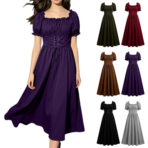 Smsaxvxz Renaissance Halloween Costume for Women Pirate Dresses Short Sleeve Medieval Ren Faire Dress Purple M