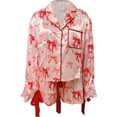 thumbnail image 4 of 2026 Christmas Pajamas for Women Bow Tie Button Up Top and Ruffle Shorts 2 Piece Silk Satin Pjs Y2k Cute Sleepwear, 4 of 6