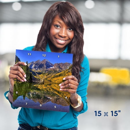 3dRose, Maroon Bells Peaks in the Elk Mountains Reflected on Aspen Lake, 15x15 Wall Clock