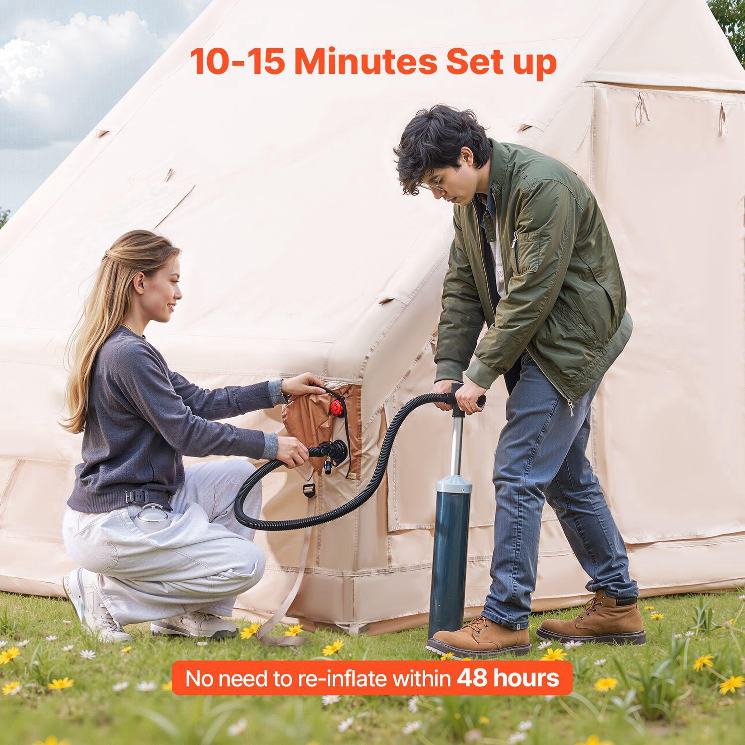 Inflatable 3-5 Person 4 Season Camping Tent Easy Setup with Hand Pump 300D Oxford Canopy Stove Jack 2 Doors 2 Mesh Windows Includes Storage Bag