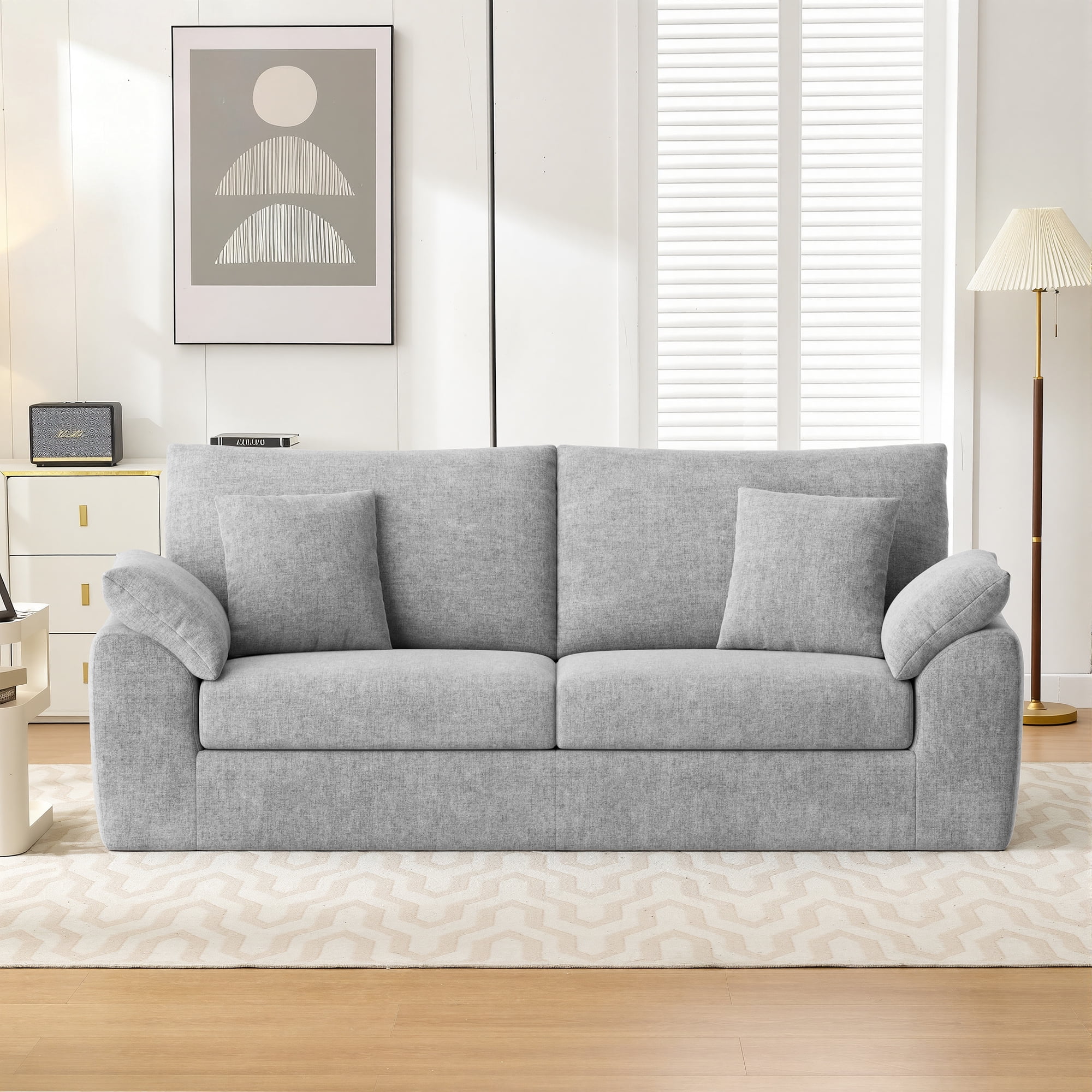 EOP 89.8" Wide Cloud Compression Sofa, Full Sponge Loveseat with Deep Seat, Upholstered Couch with 4 Pillows, No Assembly Required for Small Living Spaces, Light Gray