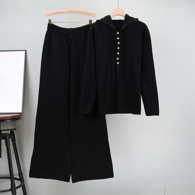 Puntoco Traje De Punto De Moda Con Cuello Redondo Y Manga Larga Para Mujer, Color Negro