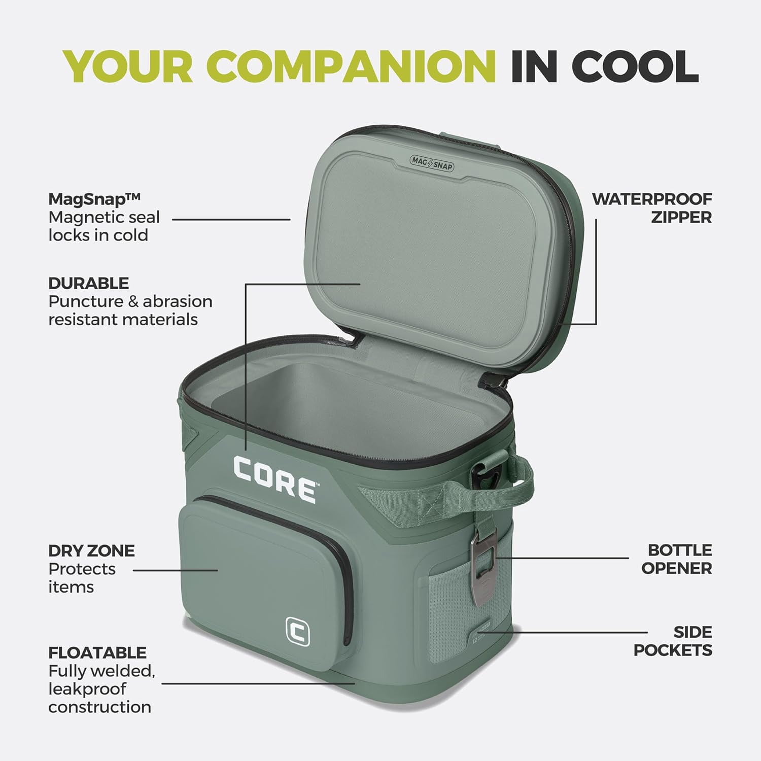CORE 12 Can Climakeep Magnetic Soft Cooler, Leakproof Cooler, Waterproof Zipper, Sage